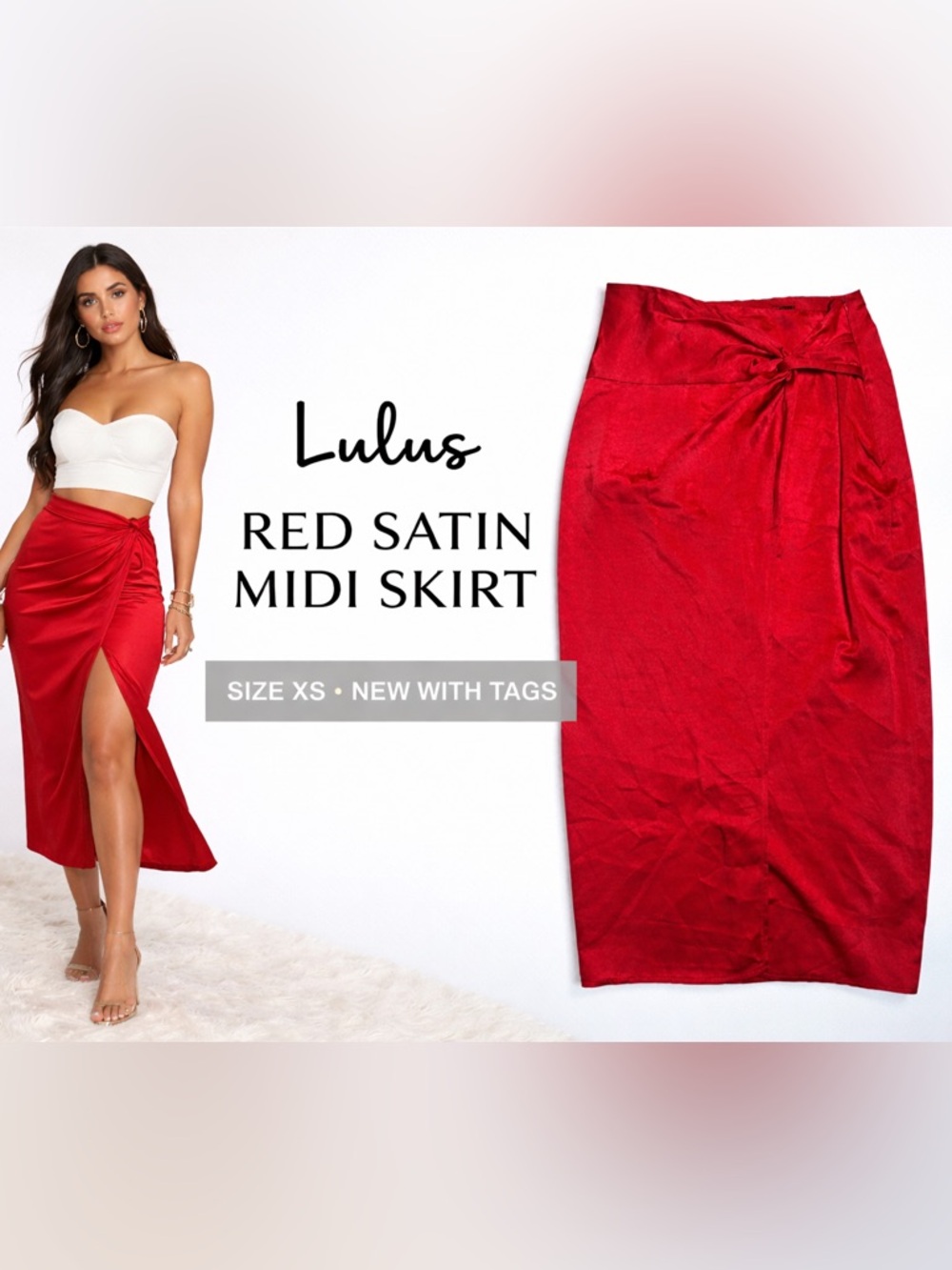 Lulus Red Satin Wrap Midi Skirt XS Tie Accent Zip Closure Lined Slit High Rise